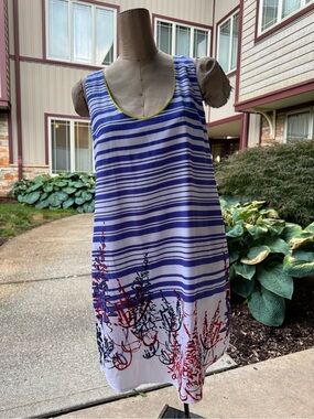 charlie jade Blue & White Striped Swim Coverup with Red Floral Hem